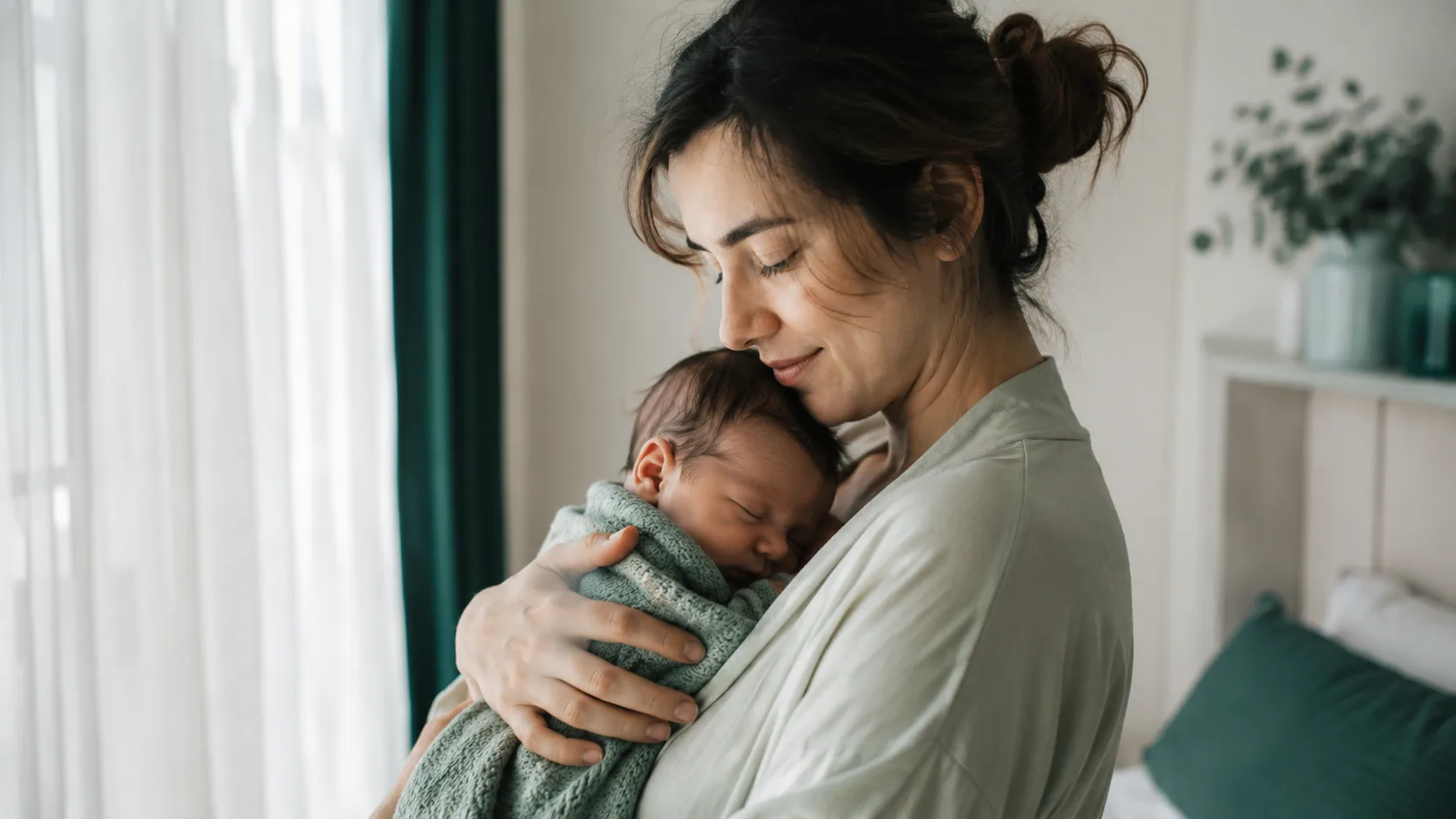 Mama trzymająca noworodka przy oknie w spokojnym wnętrzu