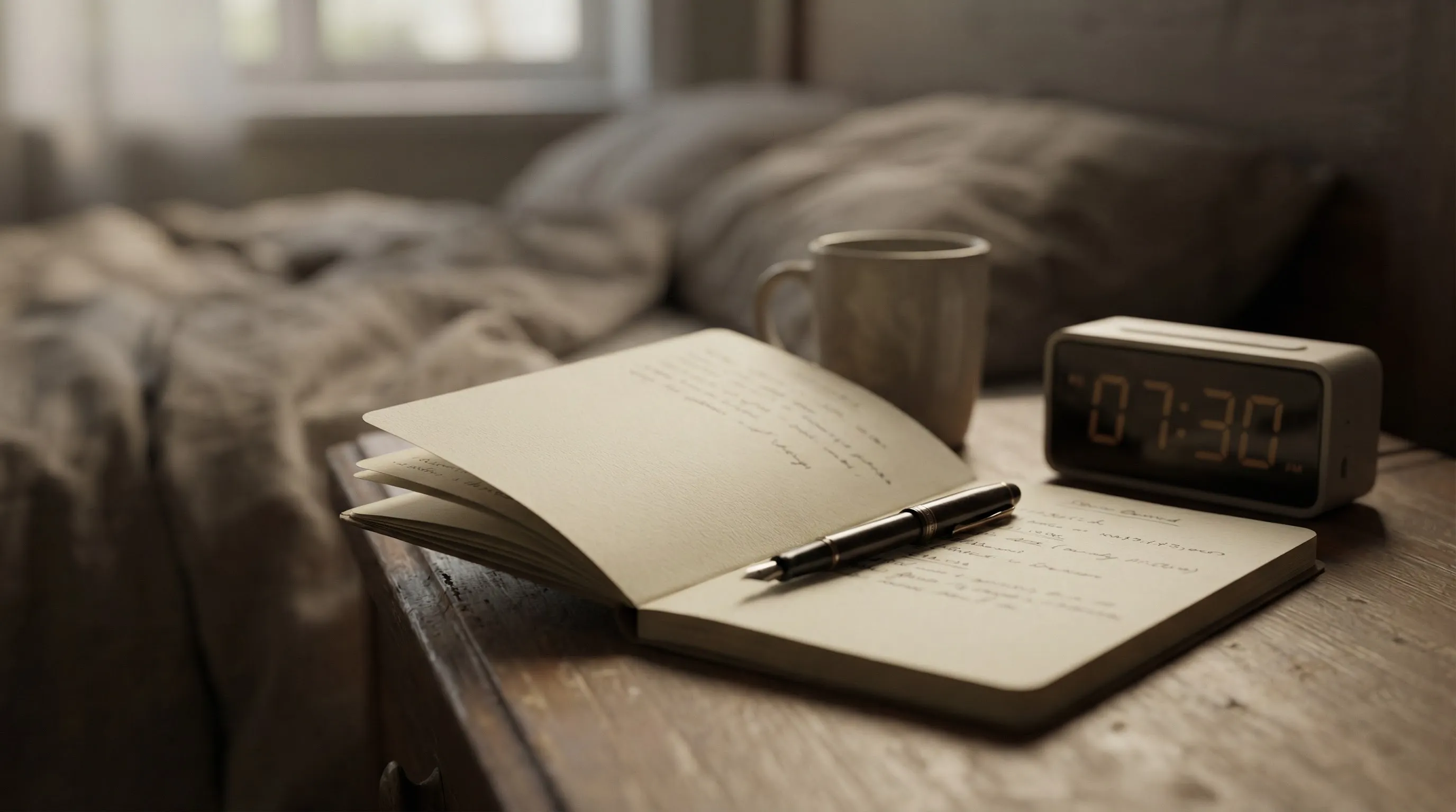 Dzienniczek snu i budzik na stoliku nocnym