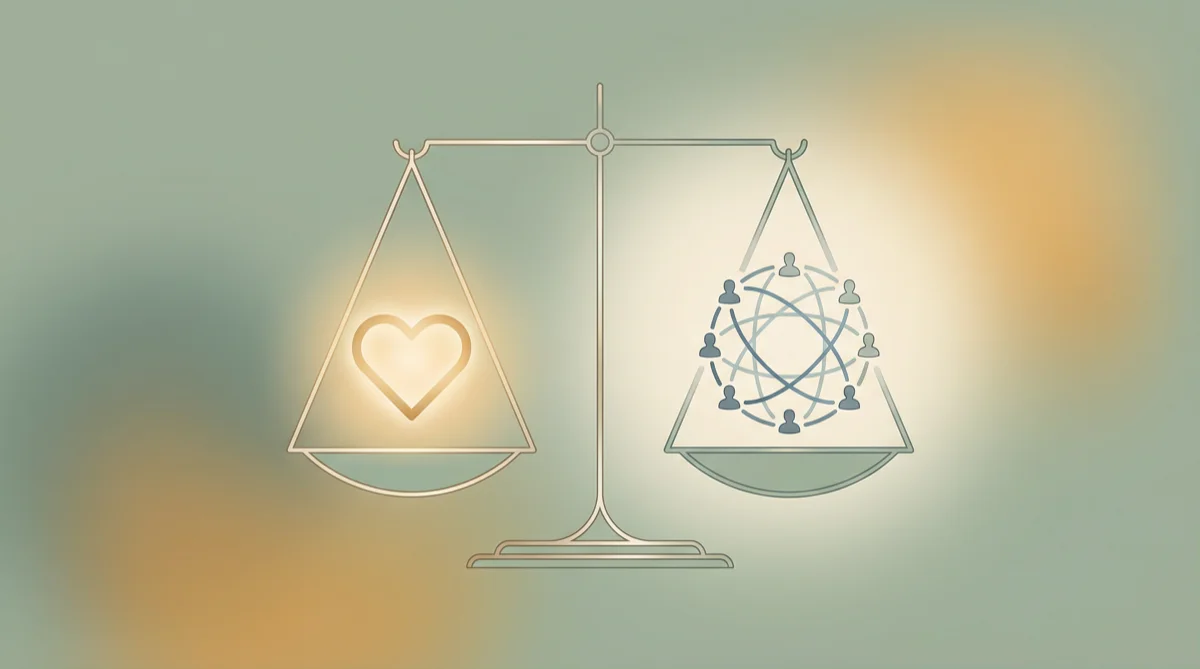 Konceptualna ilustracja równowagi między autentycznością a wpływem – etyka charyzmy