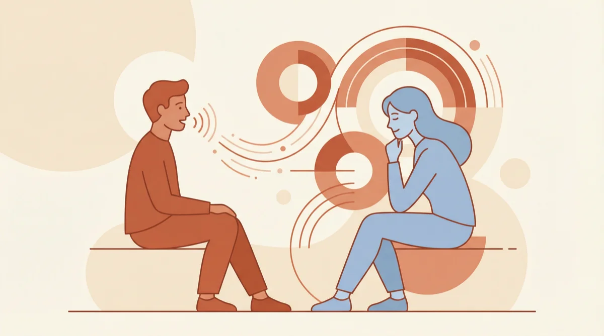 Ilustracja przedstawiająca efektywną komunikację między dwojgiem ludzi – mówienie i aktywne słuchanie