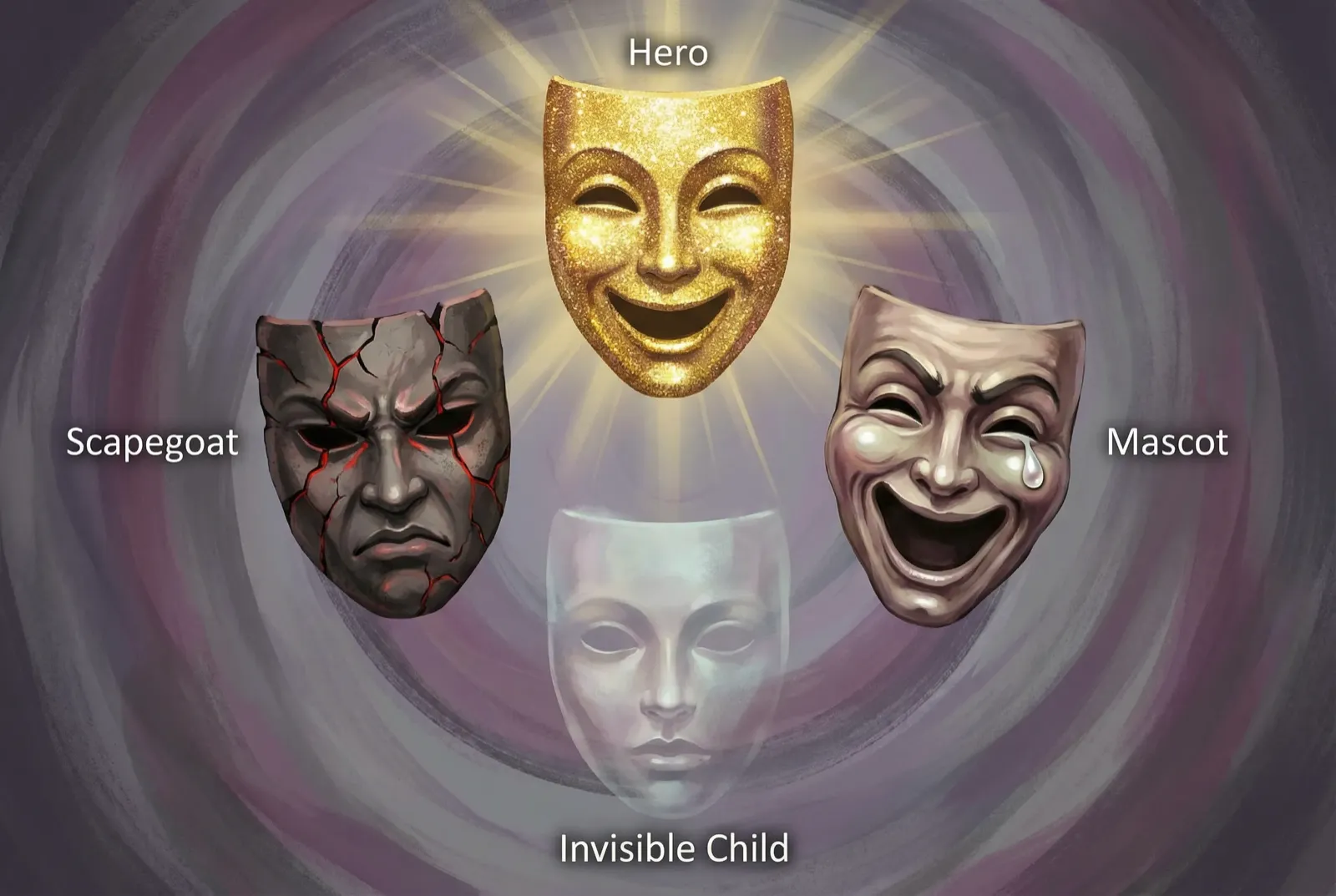 Role w rodzinie alkoholowej - cztery maski symbolizujące różne strategie przetrwania