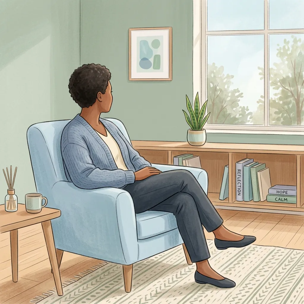 Dorosła osoba rozważająca relację z toksycznym rodzicem i szukająca wsparcia w gabinecie