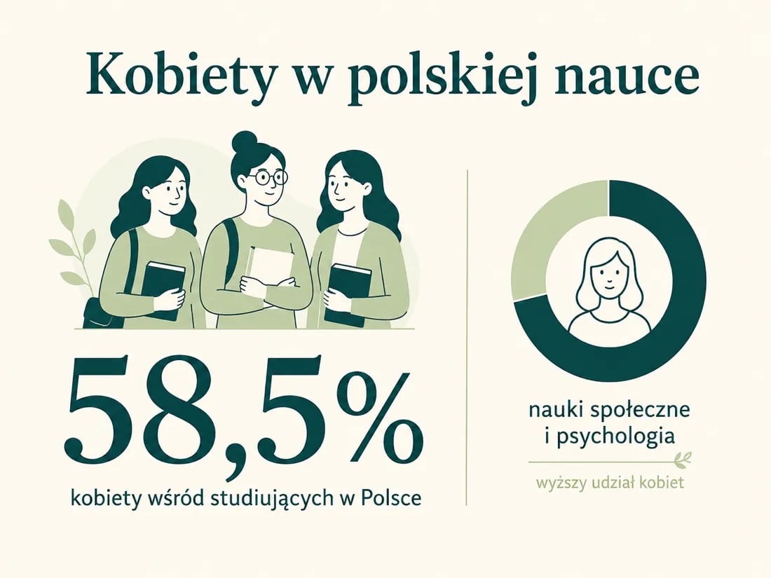 Infografika: kobiety stanowią 58,5 procent studiujących w Polsce, wyższy udział w naukach społecznych