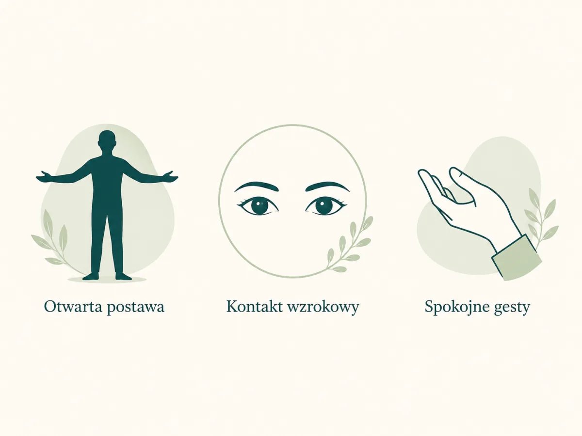 Infografika mowy ciała charyzmy: otwarta postawa, kontakt wzrokowy, spokojne gesty