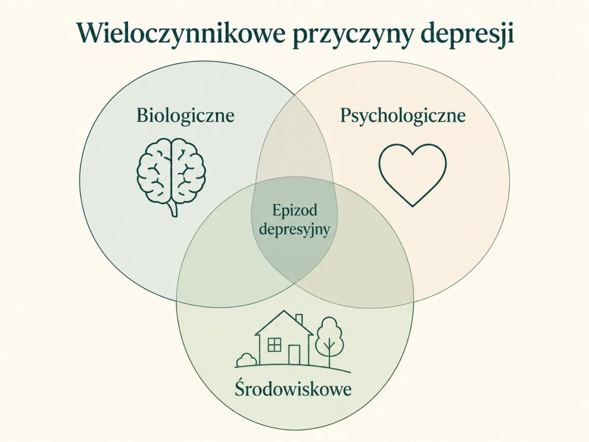 Diagram Venna przyczyn depresji: biologiczne, psychologiczne i środowiskowe
