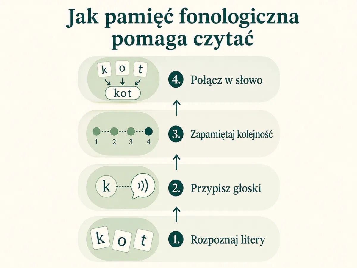 Cztery kroki czytania: rozpoznaj litery, przypisz głoski, zapamiętaj, połącz w słowo