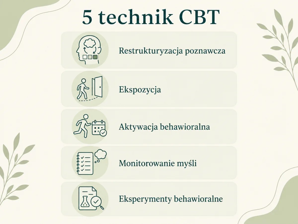 Pięć technik CBT, lista z ikonami, restrukturyzacja, ekspozycja, aktywacja behawioralna
