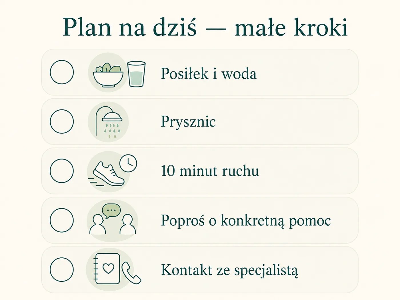 Infografika Plan na dziś z małymi codziennymi krokami w formie checklisty