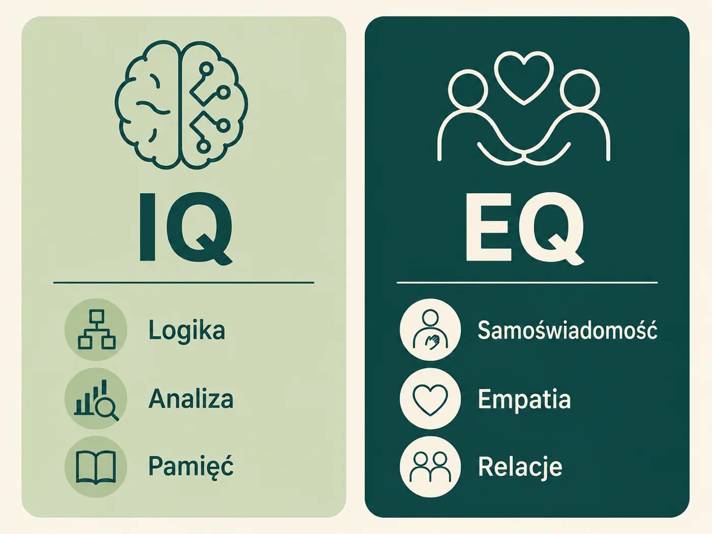 Infografika porównująca IQ i EQ jako dwie komplementarne kolumny