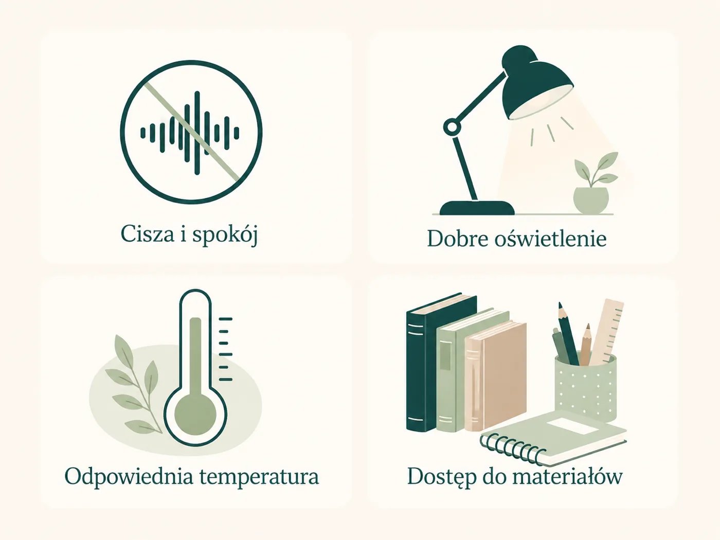 Infografika z czterema elementami sprzyjającej przestrzeni do nauki w domu