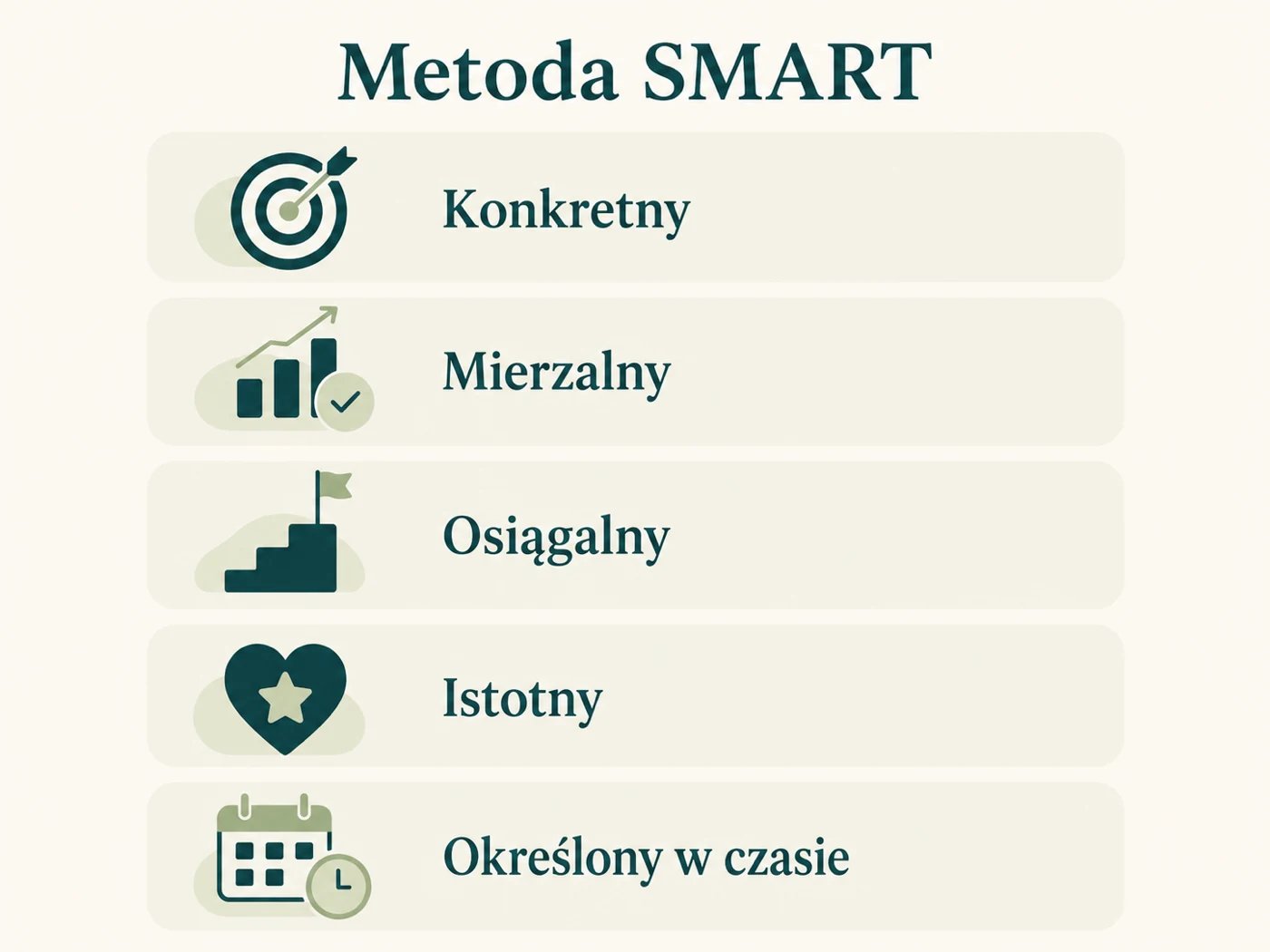 Infografika metody SMART z pięcioma kryteriami dobrego celu: konkretny, mierzalny, osiągalny, istotny, określony w czasie
