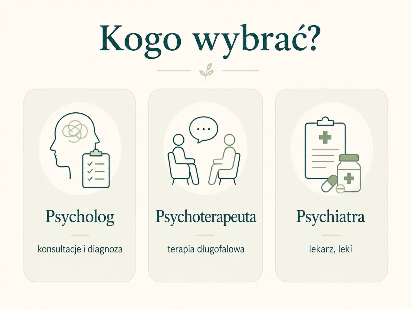 Infografika porównująca role psychologa, psychoterapeuty i psychiatry