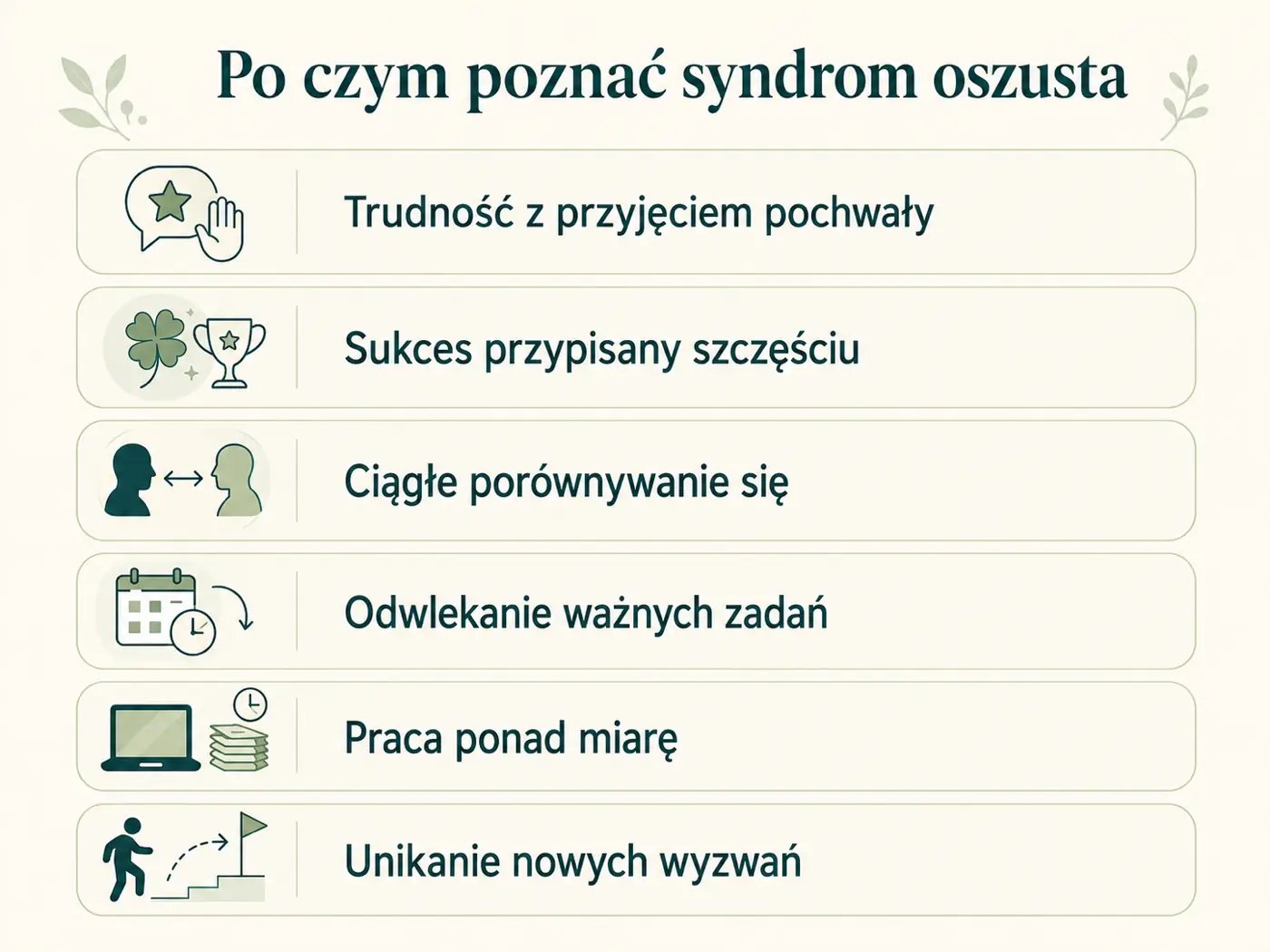 Infografika sygnałów syndromu oszusta na co dzień: trudność z przyjęciem pochwały, przypisywanie sukcesu szczęściu, porównywanie się, odwlekanie zadań, praca ponad miarę, unikanie wyzwań