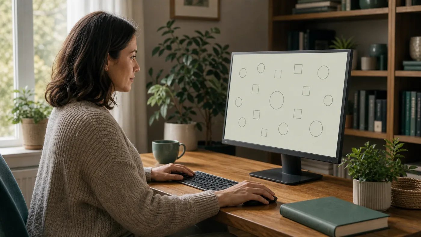 Kobieta przy biurku patrzy w monitor z abstrakcyjnymi figurami testu uwagi