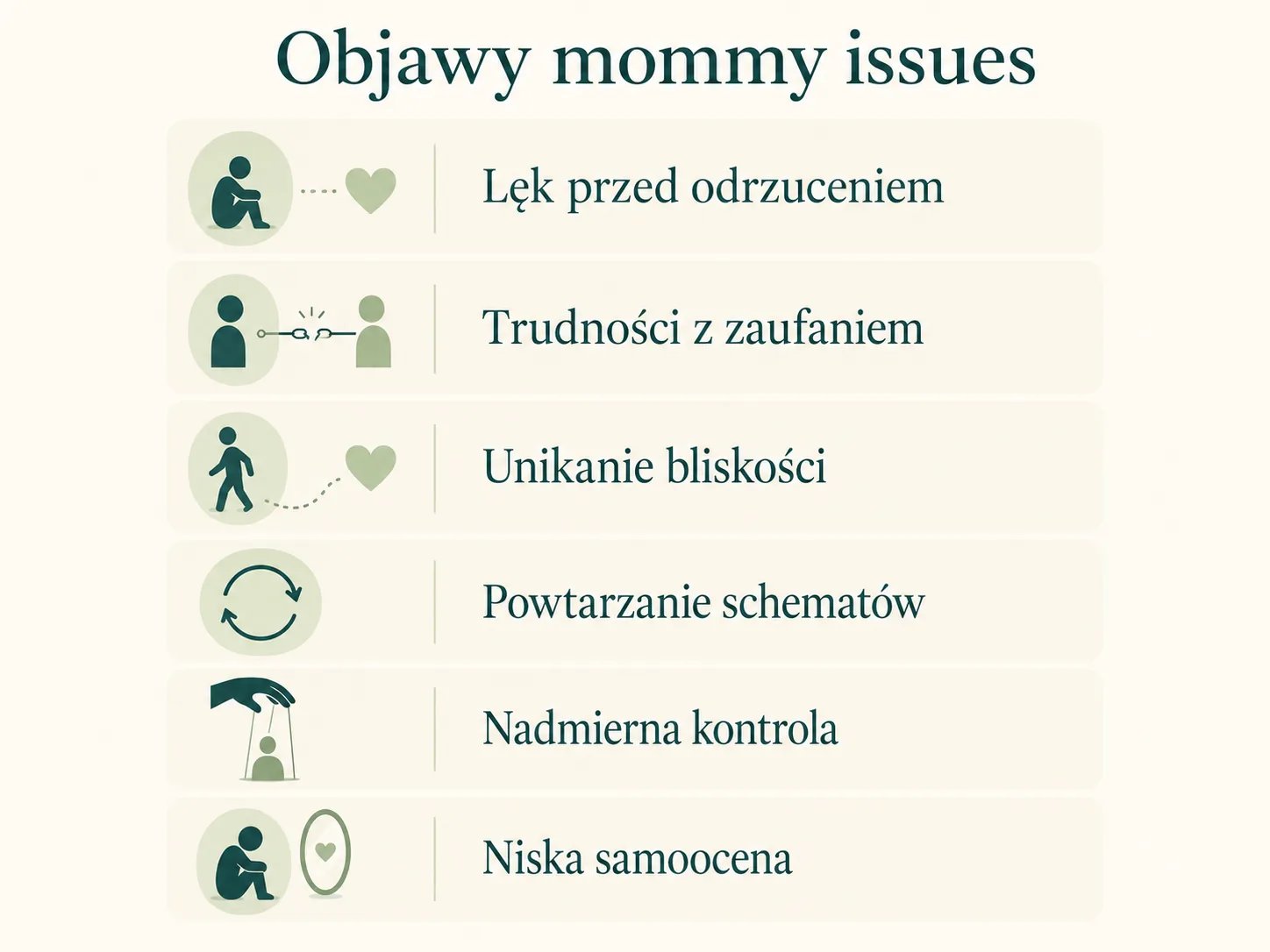 Infografika z sześcioma typowymi objawami mommy issues