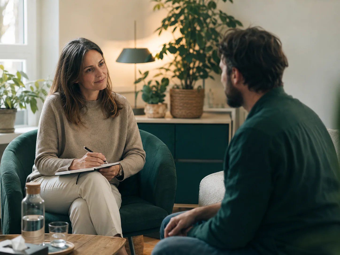 Psycholog robi notatki podczas spokojnej rozmowy z klientem