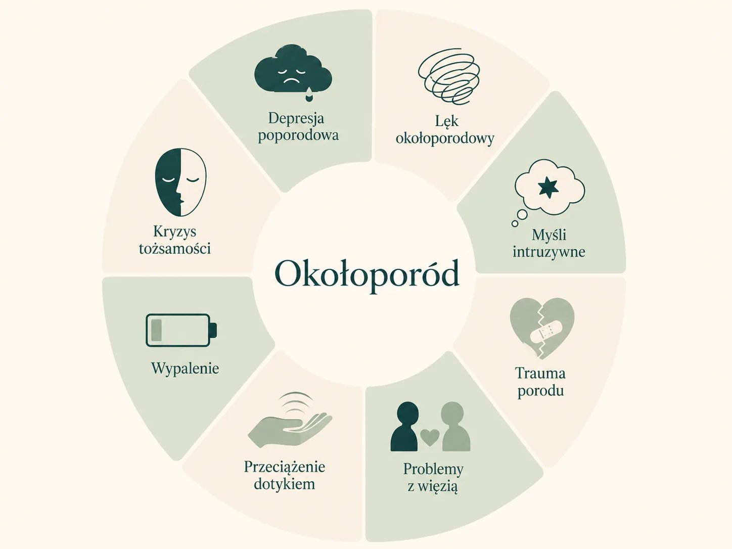 Obszary pracy psychologa okołoporodowego: depresja poporodowa, lęk, myśli intruzywne, trauma porodu, problemy z więzią, touched out, wypalenie, kryzys tożsamości