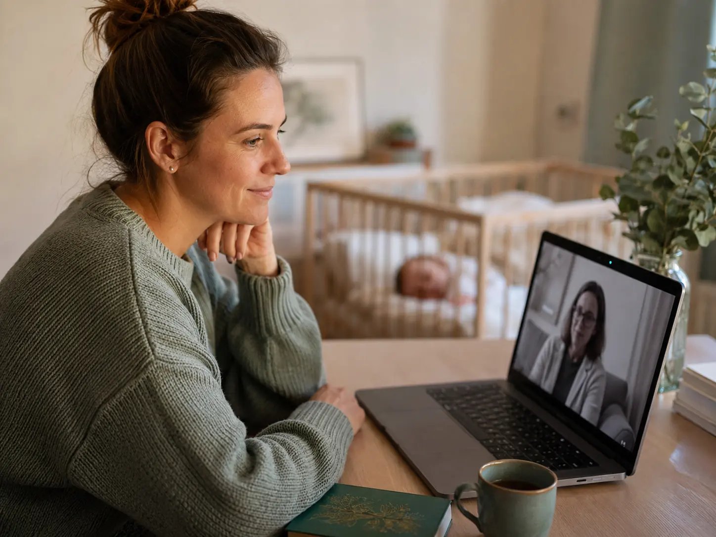 Matka podczas sesji online przy laptopie, niemowlę śpiące w łóżeczku w tle — wsparcie bez konieczności wychodzenia z domu