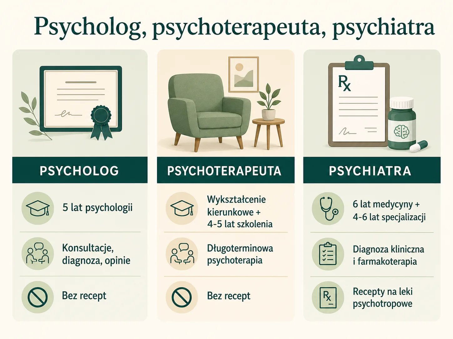 Tabela porównawcza ról psychologa, psychoterapeuty i psychiatry — uprawnienia, kwalifikacje, kiedy wybrać