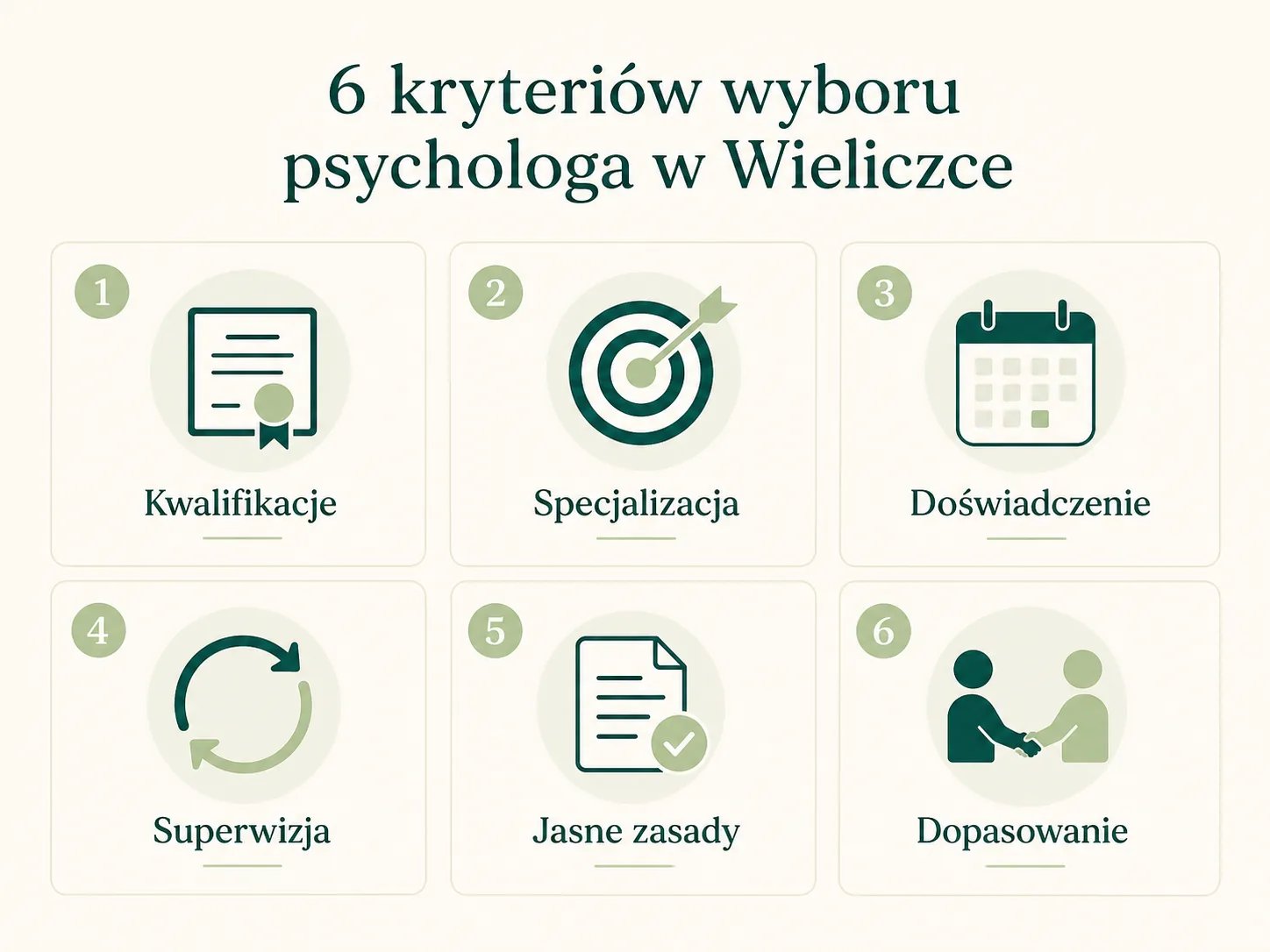 Sześć konkretnych kryteriów wyboru psychologa w Wieliczce: kwalifikacje formalne, specjalizacja dopasowana do problemu, doświadczenie kliniczne, superwizja, przejrzysta sytuacja organizacyjna, wzajemne dopasowanie podczas pierwszej rozmowy