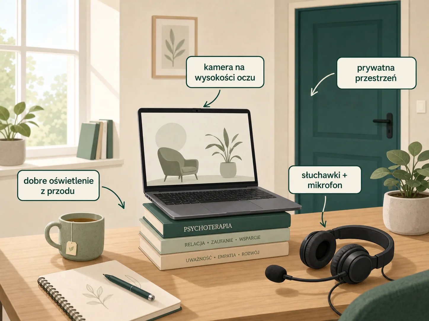 Setup do psychoterapii online — laptop, kamera na wysokości oczu, słuchawki z mikrofonem, dobre oświetlenie, prywatna przestrzeń