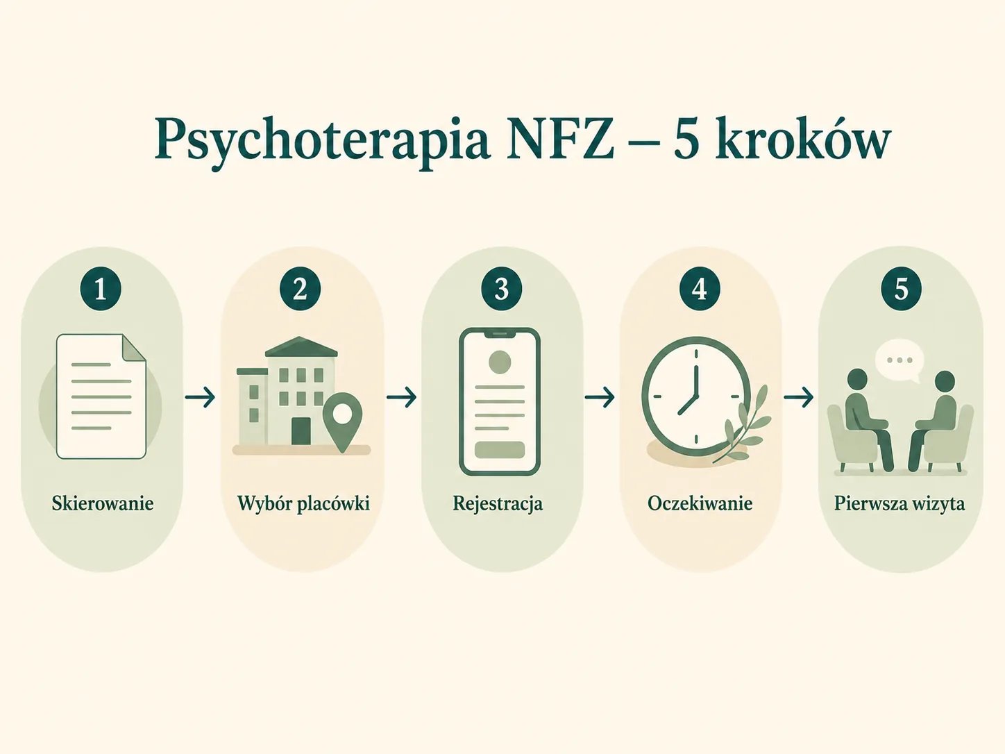 Psychoterapia NFZ w pięciu krokach: skierowanie, wybór placówki, rejestracja, oczekiwanie, pierwsza wizyta