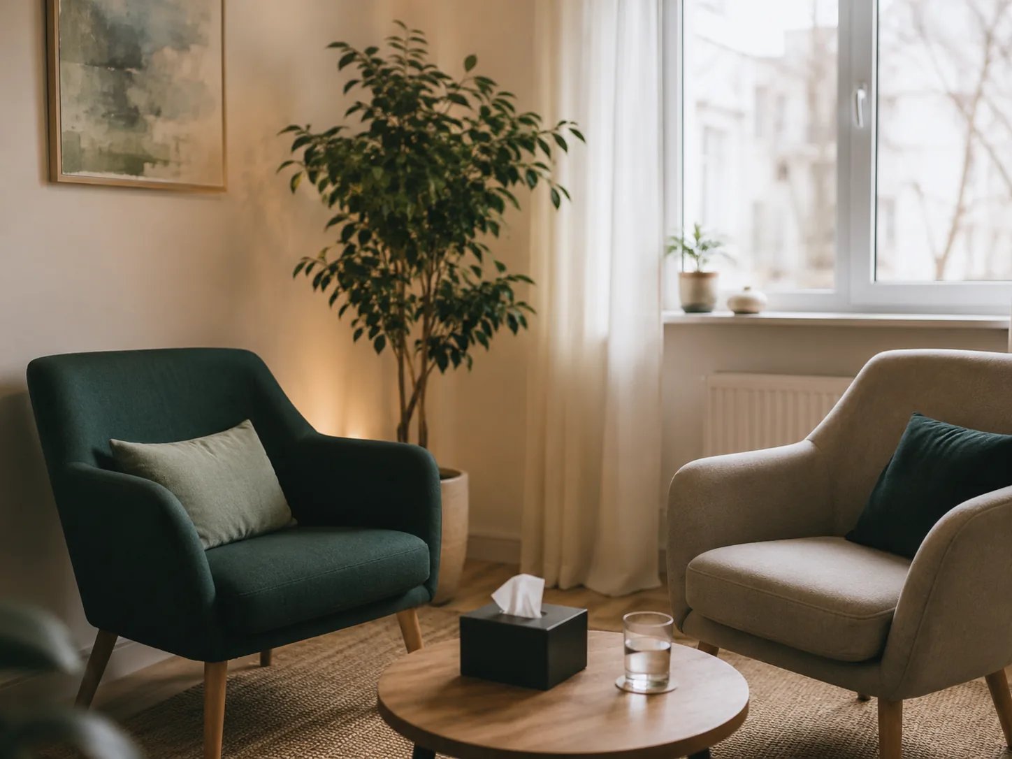 Kameralny gabinet psychoterapeutyczny z dwoma fotelami i niskim stolikiem, naturalne światło, atmosfera prywatności