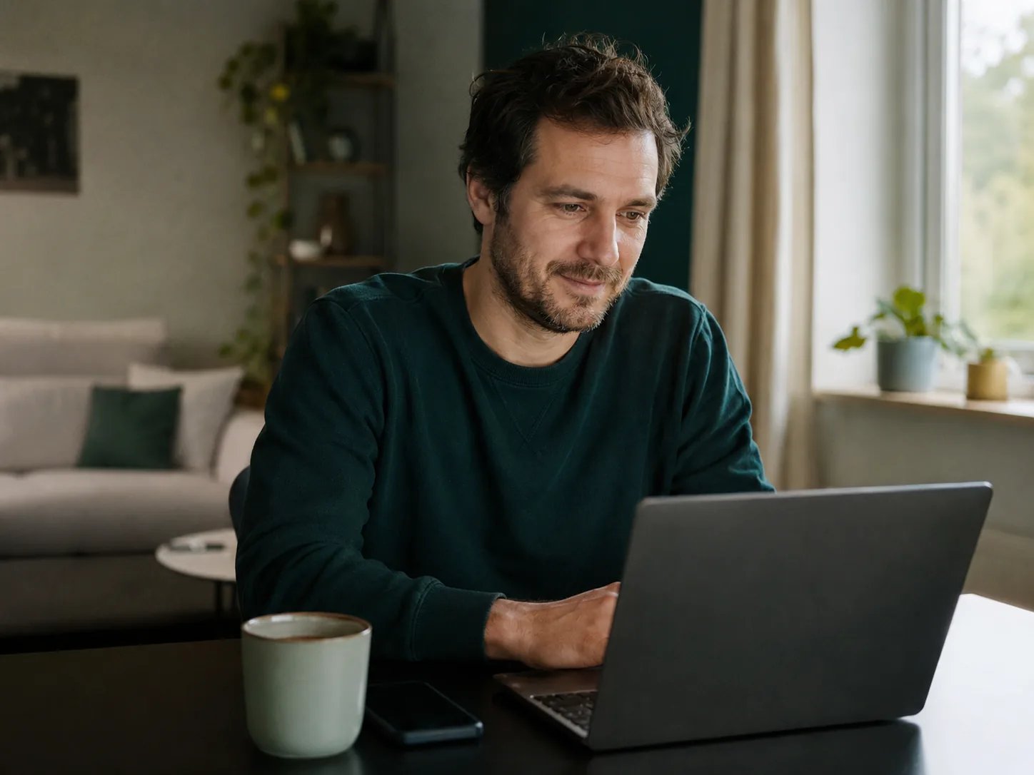 Osoba rezerwująca wizytę online na laptopie w spokojnym domowym otoczeniu, atmosfera podjętej decyzji