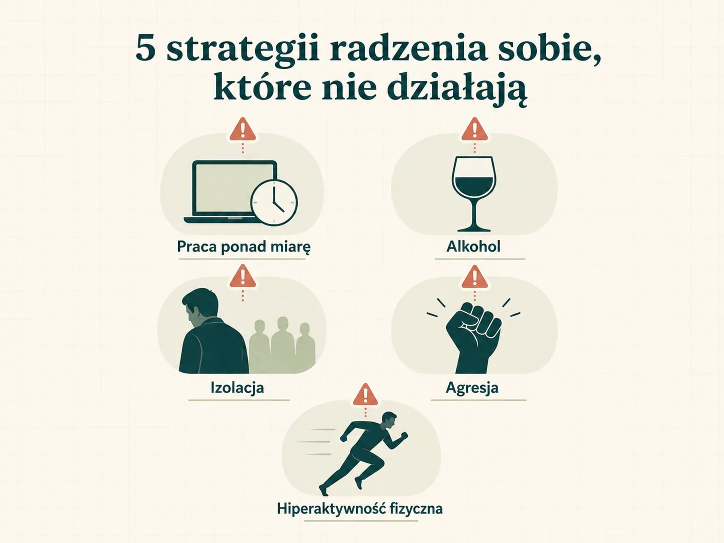 Pięć typowych „męskich" strategii radzenia sobie ze stresem, które krótkoterminowo działają, ale długoterminowo pogłębiają problem: kompensacja przez pracę, alkohol, izolacja, agresja, hiperaktywność fizyczna