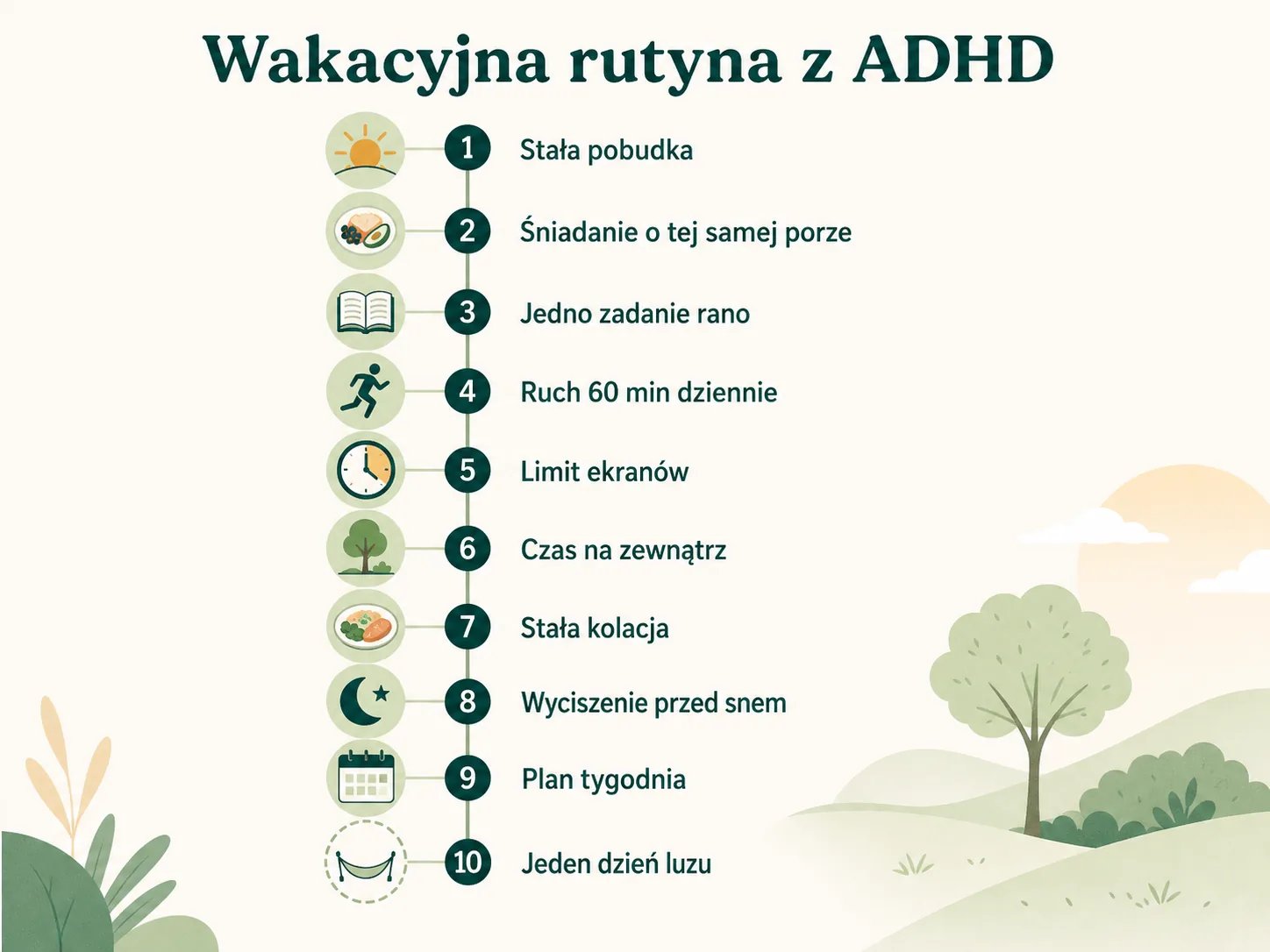 Dziesięciopunktowa wakacyjna rutyna dla dziecka z ADHD: stałe godziny pobudki i posiłków, dwie „kotwice" zadania w ciągu dnia, ruch, limit ekranów, rytuał wieczorny, pisemny plan tygodnia, dzień luzowy