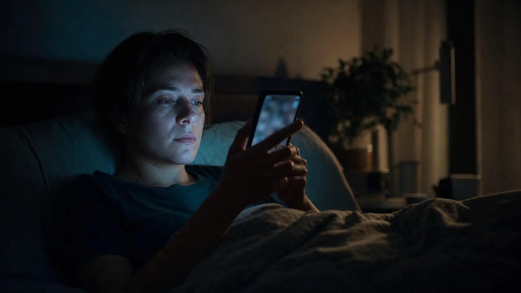 Osoba scrollująca telefon w nocy — typowy obraz uzależnienia behawioralnego ery cyfrowej